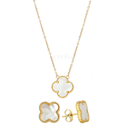 Conjunto de pendientes y collar con trébol de madreperla 